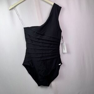 Calvin Klein Womens One Shoulder Ruffle One Piece Swimsuit Black 12 CG2MS527 NEW
